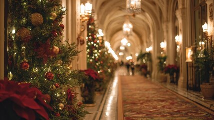 Festive hotel lobby shimmering with Christmas decor and soft dreamy blurred lights.