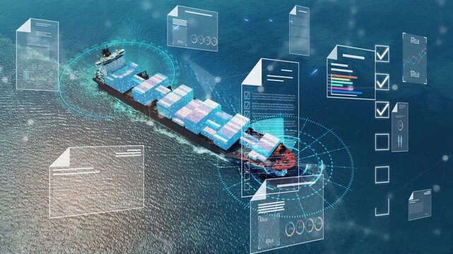 Bill of Landing Cargo Container Ship virtual electronic files and checklists Futuristic digital document management. Receipt of Goods shipment tracking number big data logistics freight transportation