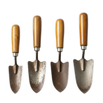 Four garden trowels with wooden handles isolated on transparent background