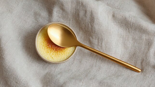 Overhead of dessert with golden spoon, minimal composition on linen background