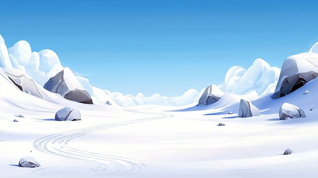 A stylized illustration of a snowy landscape with rocks, a clear blue sky, and a path of tracks. - Powered by Adobe