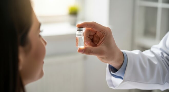 Dedicated medical professional presents a clear liquid vaccine vial, symbolizing hope for a healthy future and innovative healthcare solutions for patients - Powered by Adobe