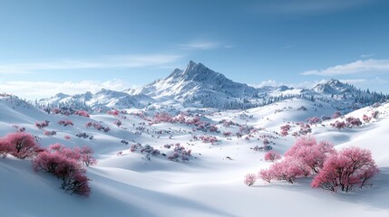 A beautiful winter landscape featuring snow-covered mountains, pink flowering trees, and a clear blue sky. The scene is bright and sunny.