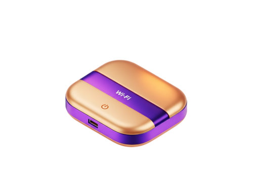 A sleek golden and purple compact electronic device with a minimalist design on a black background