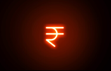 Neon glowing rupee icon on black background. Rupee currency symbol on black background	