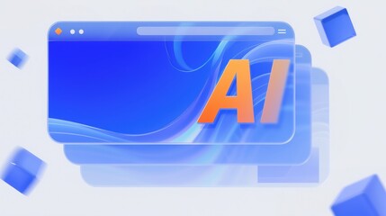 3D Rendered Glass Interface with AI Text for Smart Web Browser or Search Engine Concept. Artificial Intelligence Technology Background. Digital Assistant. Machine Learning Application.