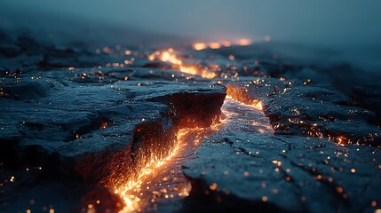 Fototapeta premium Bright orange molten lava flowing volcanic pictures