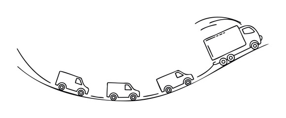 Group of trucks and vans moving downhill on a curved road, representing movement, transport, or logistics for delivery services and freight transportation.