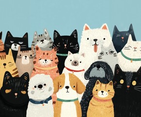 Cute hand-drawn illustration, group of dogs & cats sitting together, pet shop poster, veterinary clinic.adorable background, mobile wallpaper, greeting card. animal care adoption flyer. children book