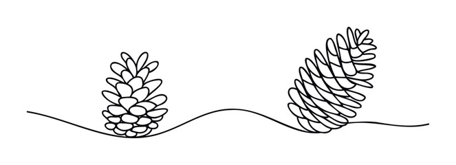 Black line drawing of two pine cones on a wavy ground line, perfect for nature themed backgrounds and seasonal promotions