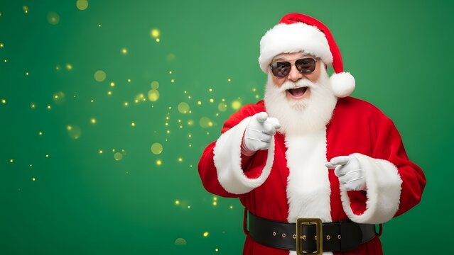 Santa claus in sunglasses pointing with a green background and bokeh light effects - Powered by Adobe
