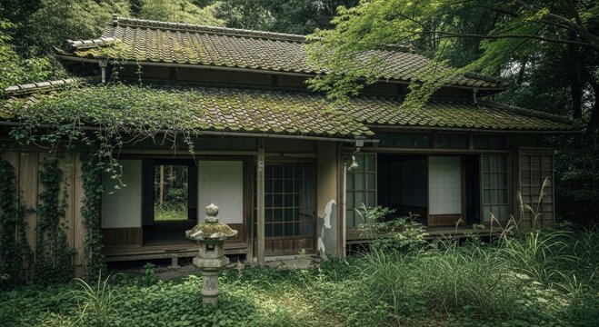 Traditional Japanese minka, its tiled roof covered in vibrant moss and dense green foliage, offers a tranquil, abandoned scene amidst a wild, verdant forest