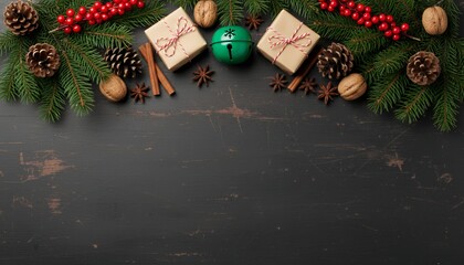 Festive Christmas Garland with Gifts and Pine Cones on Dark Background.