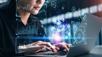 Dynamic businesswoman analyzing digital data streams and futuristic interfaces on laptop for global insights - Powered by Adobe