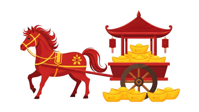 Prosperity Carriage: Red Horse Pulling Golden Ingots in a Wagon, A Symbol of Chinese New Year Wealth and Abundance