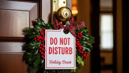 Festive "Do Not Disturb" Sign Adorned with Holly and Berries on a Wooden Door.