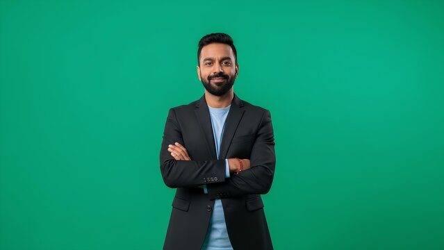 Professional Indian businessman in a suit smiling with arms crossed on a green screen background