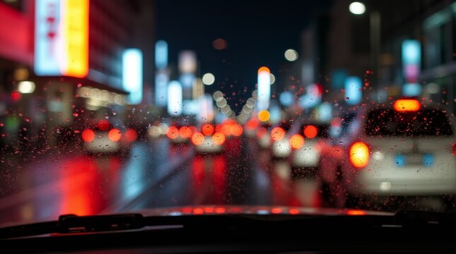 Night city traffic view through rainy car windshield with bokeh lights and reflections, creating cinematic urban atmosphere.