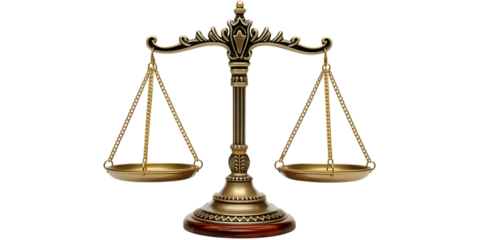 Antique brass justice scales isolated on white background