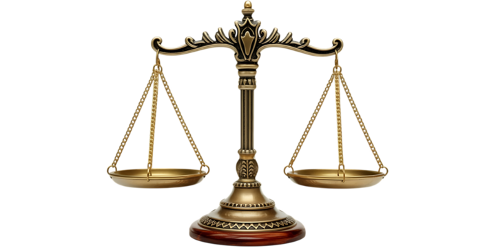 Antique brass justice scales isolated on white background