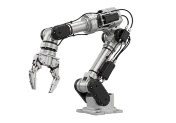 Industrial robotic arm with gripper on black background demonstrating precision engineering and automation