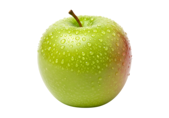 A single fresh vibrant green apple with water droplets glistening on its smooth skin against a stark black background