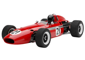 Vintage red formula one race car with number 21 on a black background