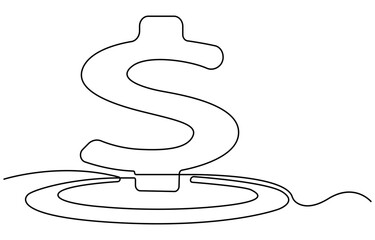 Continuous one line drawing of dollar coin.  Hand holding coin continuous one line drawing art. Dollar linear symbol.