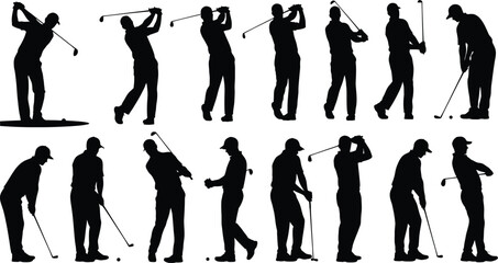 Collection of black silhouette icons showing the sequence of a golfer executing a full swing from address to follow through