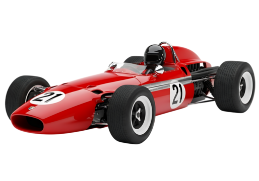 Vintage red formula one race car with number 21 on a black background