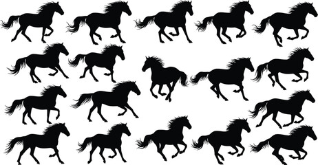 Collection of black horse silhouettes running in various dynamic poses