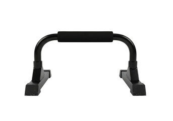 A black u shaped fitness equipment piece with padded handles designed for push up exercises against a solid black background