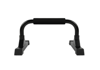 A black u shaped fitness equipment piece with padded handles designed for push up exercises against a solid black background