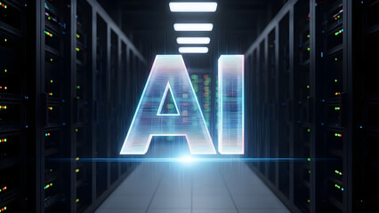 AI Data Center: Modern Futuristic Server Room for Artificial Intelligence and Machine Learning Research, High Performance Computer Cloud Computing Data Storage
