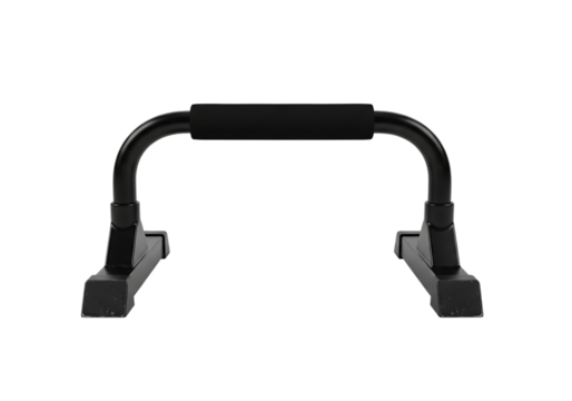 A black u shaped fitness equipment piece with padded handles designed for push up exercises against a solid black background