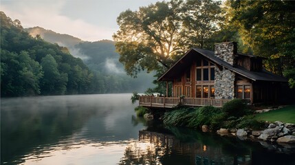 Fototapeta premium Lakeside luxury cabin with wood and stone mix, gentle mist, warm sunrise, still water, and dense green forest creating a calm upscale environment