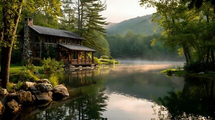 Lakeside luxury cabin with wood and stone mix, gentle mist, warm sunrise, still water, and dense green forest creating a calm upscale environment