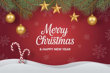 A festive christmas and new year greeting card with ornaments and candy canes on a red background