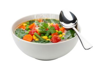 A steaming bowl of hearty vegetable soup with a shiny spoon rests against a dark background