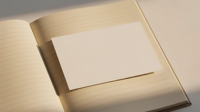 Blank white card resting on open notebook with clean pages  