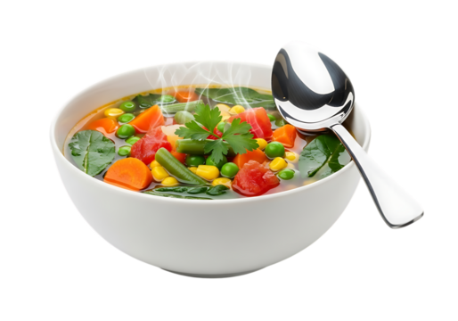 A steaming bowl of hearty vegetable soup with a shiny spoon rests against a dark background