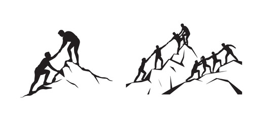 Team Mountain Climbing Silhouette, Group Support and Helping Hands Vector.
