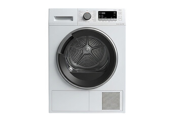 Modern white front loading clothes dryer with digital display and sleek control panel