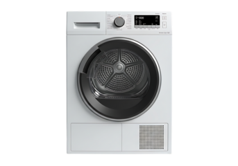 Modern white front loading clothes dryer with digital display and sleek control panel