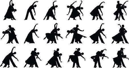 Fototapeta premium Collection of black silhouette icons depicting various ballroom dance partner poses and movements