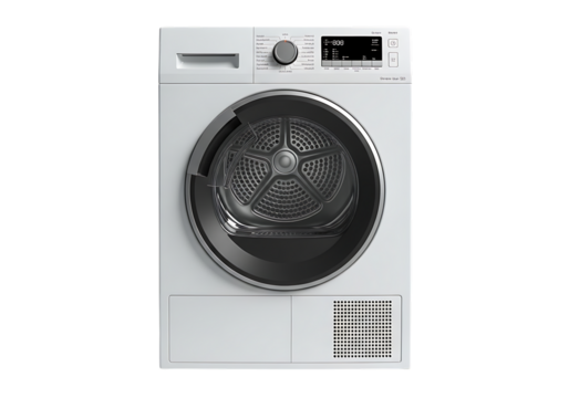 Modern white front loading clothes dryer with digital display and sleek control panel