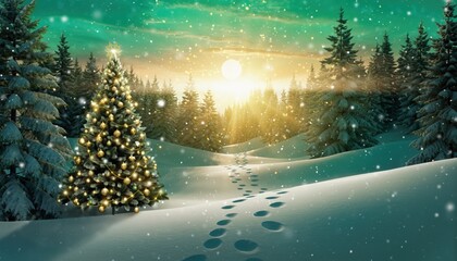 Naklejka premium Winter sunrise serenity snowy landscape with christmas tree soft snowfall tranquil forest peaceful nature scene for holiday atmosphere