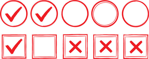 Set of red grunge rubber stamp icons showing check marks, crosses, and empty circles and squares