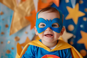 Baby Superhero Costume with Mask and Cape on Colorful Background for Carnival and Costume Party Celebrations