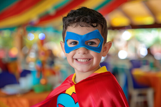 Superhero Costume for Boy with Homemade Cape on Bright Background for Carnival and Birthday Fun